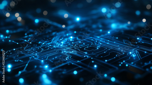 Futuristic circuit board wires in light blue on dark navy technology background. Artificial Intelligence banner concept. Abstract AI tech bg. Digital line pattern. Computer Vector illustration.