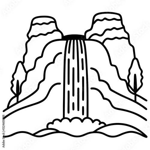 Outline drawing of a waterfall landscape | Minimalistic style, black and white, representing nature and serenity