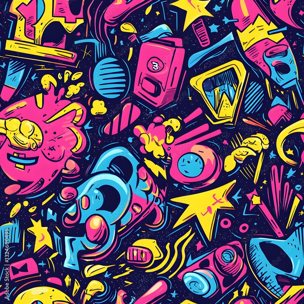 Obraz premium Groovy 80s Retro Cartoon Seamless Pattern.
