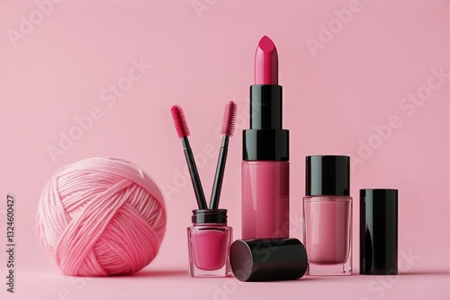 Bright Pink Cosmetics Arranged Artistically With a Yarn Ball for a Vibrant Di...