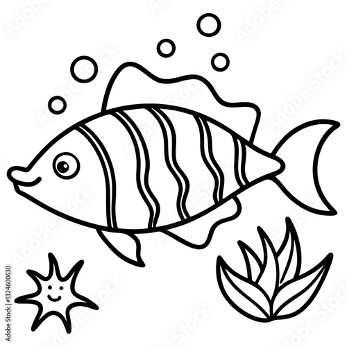 Outline drawing of a cheerful fish in water | Minimalistic style, black and white, representing marine life and playfulness