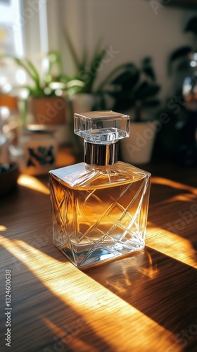 Elegant Glass Perfume Bottle on Wooden Surface in a Softly Lit Interior Space