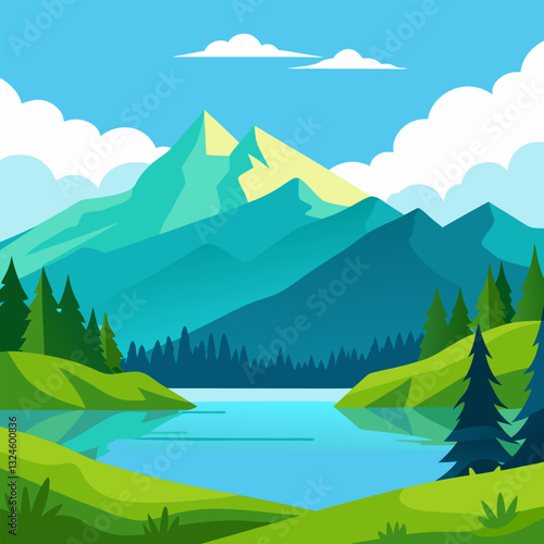 Beautiful landscape of a warm morning or day on the lake. An amazing lake with a green clearing of lush grass against the backdrop of magnificent mountains and forest.