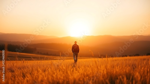 Sunrise in the mountains with a person walking on the hill at dawn