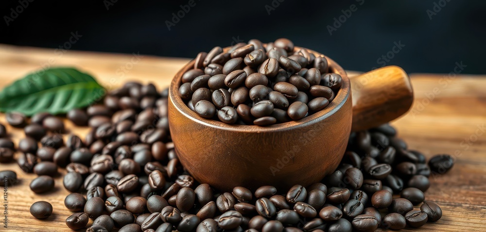 Fototapeta premium Wooden cup overflowing with dark roasted coffee beans, visual, close-up