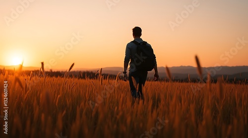 Silhouette of a man walking through a green field at sunset with a laptop, capturing the essence of freedom and nature in a countryside landscape