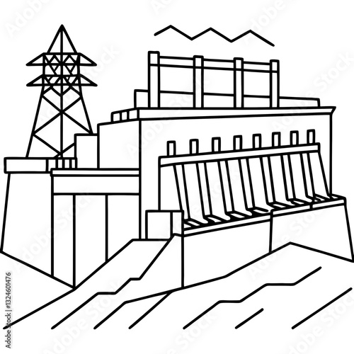Outline drawing of a hydroelectric power plant | Minimalistic style, black and white, representing renewable energy and infrastructure