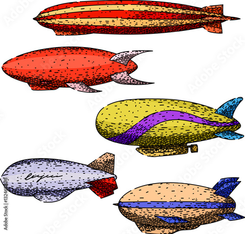 airship set sketch hand drawn vector