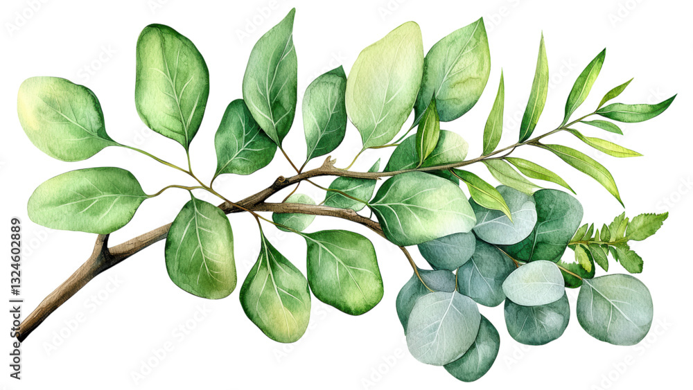 Fototapeta premium Summer element clipart, Minimalist eucalyptus branch with smooth circular leaves in green hues
