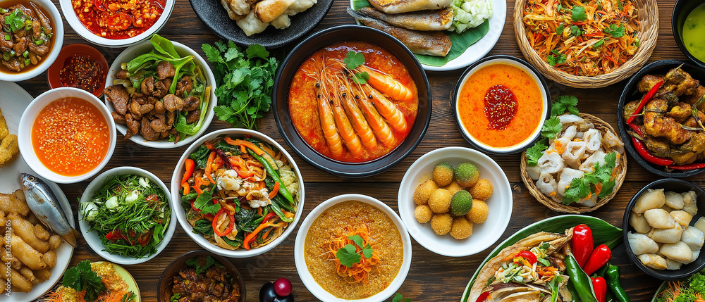 AI generator image of raw materials for cooking such as vegetables, fruits, beef, pork, chicken, fish, shrimp AI generator image of raw materials for cooking such as vegetables, fruits, beef, pork, chicken, fish, shrimp