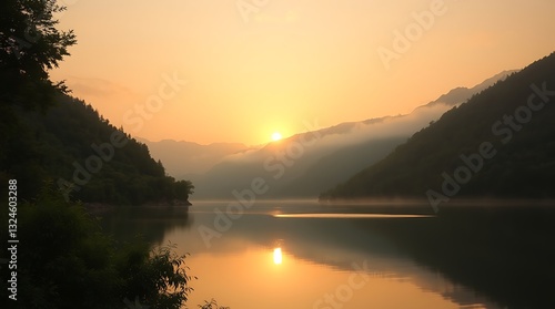 Sunset over the calm lake with a beautiful reflection and orange sky