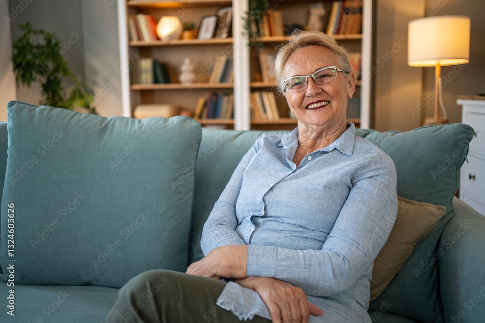 Obraz premium Happy senior woman smiling sitting on sofa at home