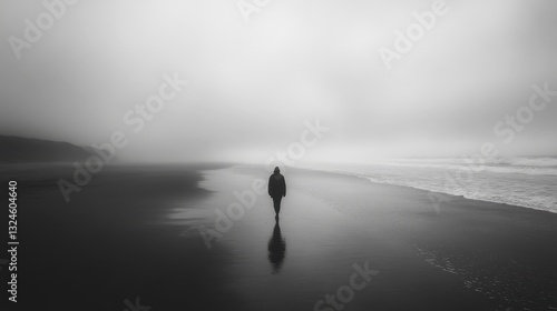 Solitary figure walking on foggy beach coastal landscape black and white photography tranquil environment distant view reflection