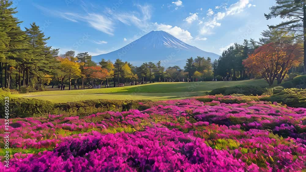 Blooming flowers in vibrant colors with Mount Fuji in the background during a clear day in spring Blooming flowers in vibrant colors with Mount Fuji in the background during a clear day in spring