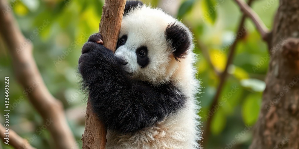 Obraz premium A fluffy giant panda cub clinging to a tree branch, bamboo, branch