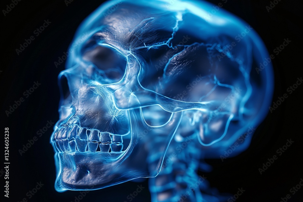 A detailed view of a blue-tinted translucent human skull showcasing intricate structures. A detailed view of a blue-tinted translucent human skull showcasing intricate structures.