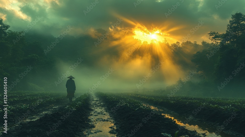 Fototapeta premium Silhouetted Farmer in Foggy Field at Sunrise