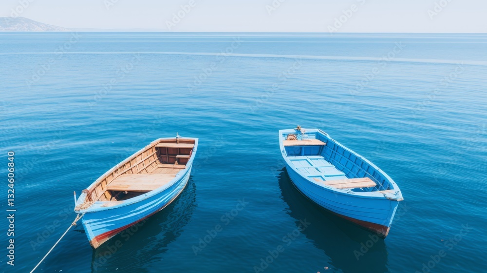 Serene aerial view of boats drifting in tranquil waters surrounded by gentle blue and turquoise hues Serene aerial view of boats drifting in tranquil waters surrounded by gentle blue and turquoise hues