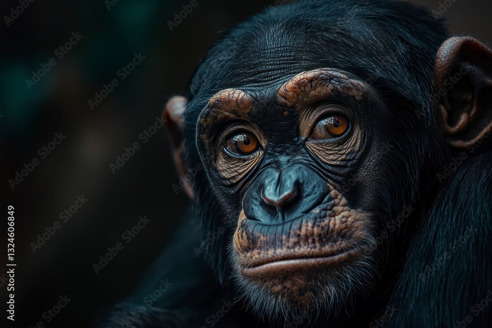 Portrait of a young chimpanzee with detailed facial wrinkles and expressive amber eyes gazes at the viewer Portrait of a young chimpanzee with detailed facial wrinkles and expressive amber eyes gazes at the viewer