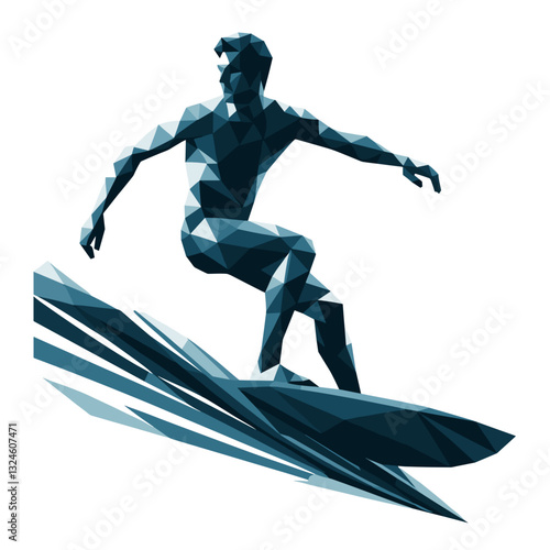 Surfer riding a wave in ocean artwork style, in blue shades, symbolizing adventure.
