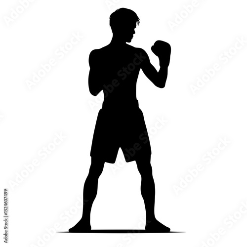 Boxer silhouette punching against white background.