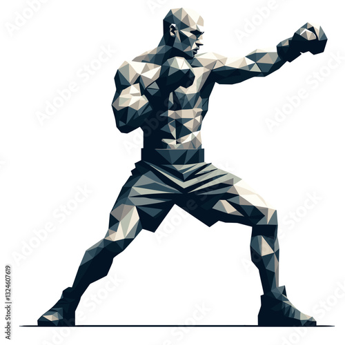 Polygon man in martial arts stance against white background