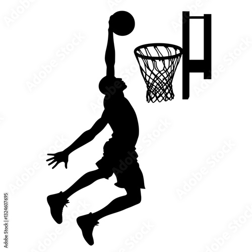 Player dunking basketball in black silhouette.
