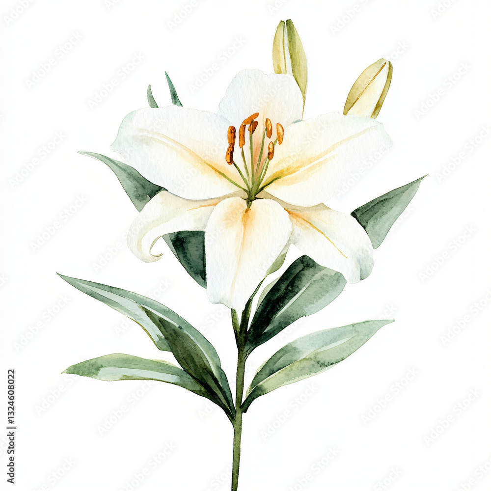 Obraz premium Watercolor hand-painted Lily branch painting illustration isolated on a white background, Lily illustration, AI painting design