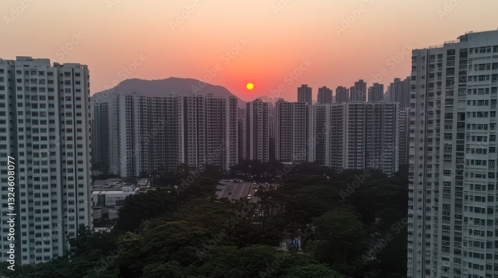 Fototapeta premium Captivating sunset over a dense urban landscape filled with high-rise buildings