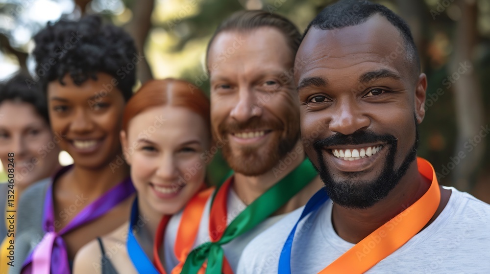 Diverse group of friends wearing colorful ribbons showing support for cancer awareness Diverse group of friends wearing colorful ribbons showing support for cancer awareness