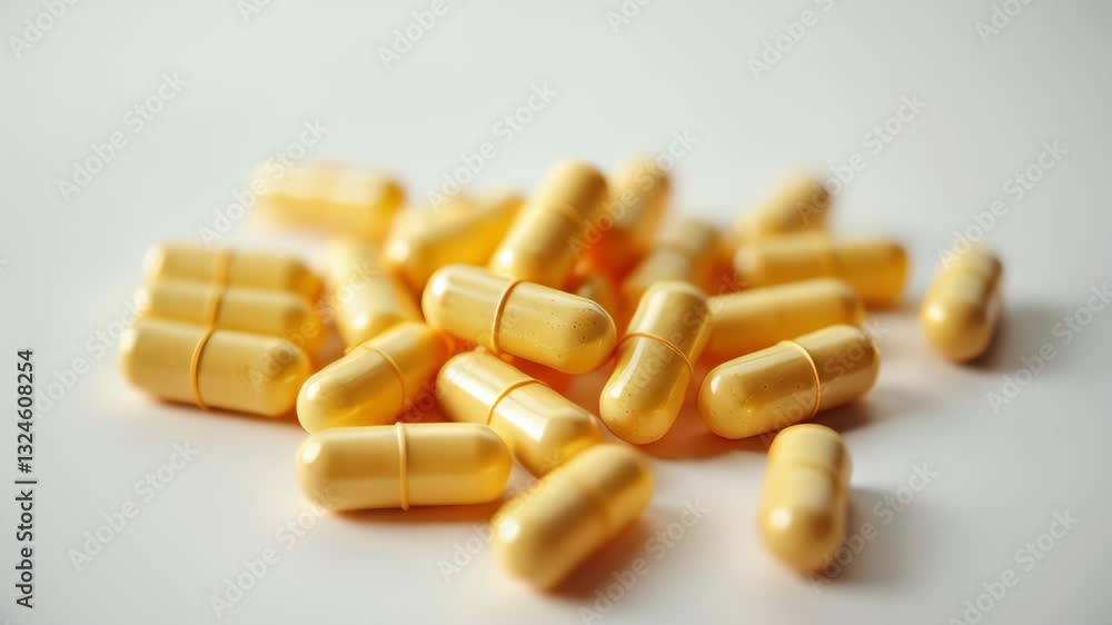 A close-up view of numerous yellow capsules, emphasizing health, pharmaceuticals, and dietary supplements. Concept of: wellness, medicine, nutrition, health-conscious living A close-up view of numerous yellow capsules, emphasizing health, pharmaceuticals, and dietary supplements. Concept of: wellness, medicine, nutrition, health-conscious living