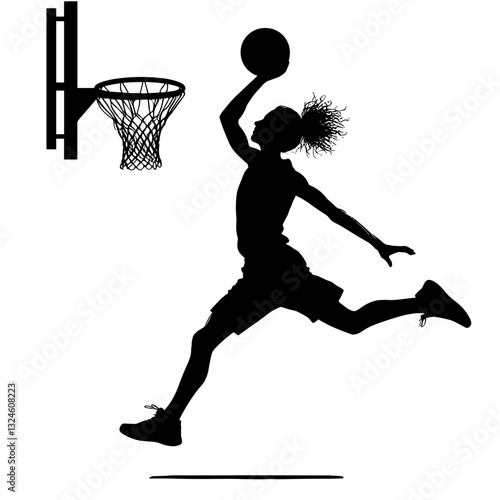 Silhouette of basketball player doing a layup against white background