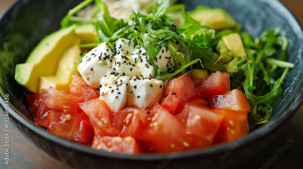 A vibrant vegetarian salad featuring fresh arugula, creamy mozzarella, ripe tomatoes, and avocado, beautifully plated in a bowl A vibrant vegetarian salad featuring fresh arugula, creamy mozzarella, ripe tomatoes, and avocado, beautifully plated in a bowl