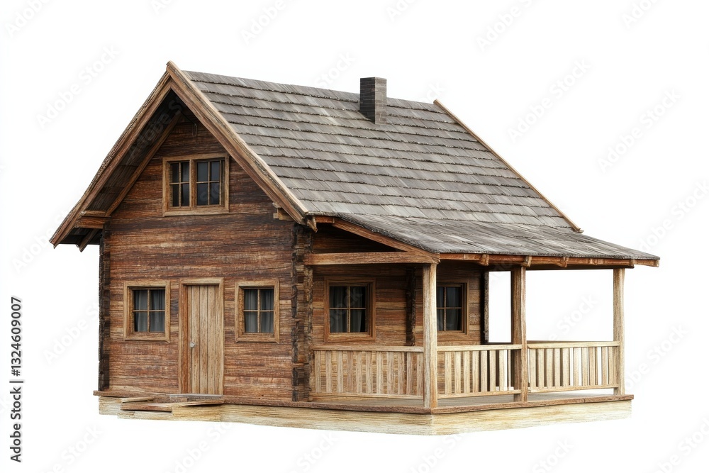 A charming rustic wooden house with a porch nestled in a serene countryside setting isolated on transparent background A charming rustic wooden house with a porch nestled in a serene countryside setting isolated on transparent background