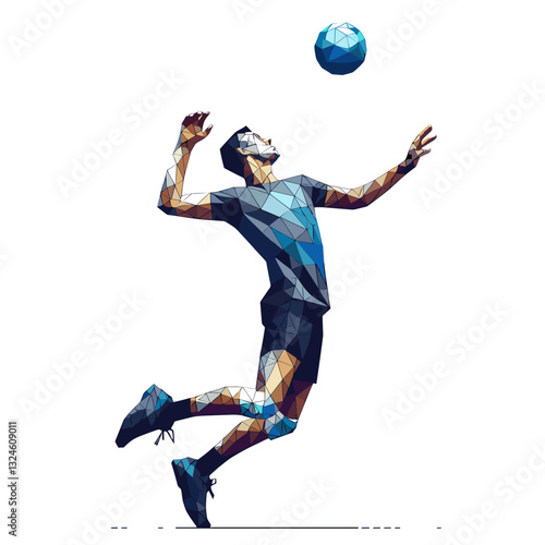 Geometric athlete jumping for ball