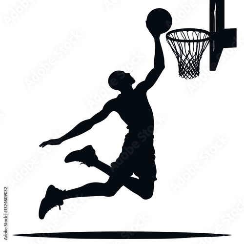 Silhouette basketball player dunking against white background
Silhouette basketball player dunking against white background
