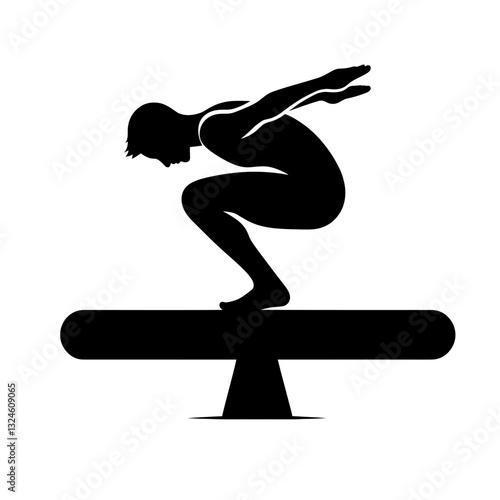 Gymnast performing balance beam routine against white background