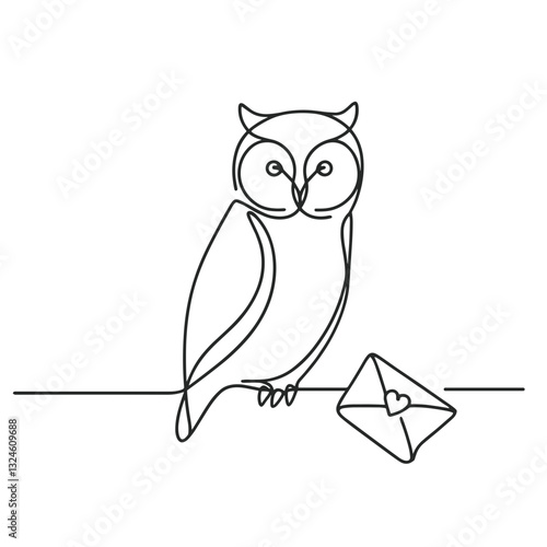Owl delivering heart envelope in line art style in black and white symbolizing love.