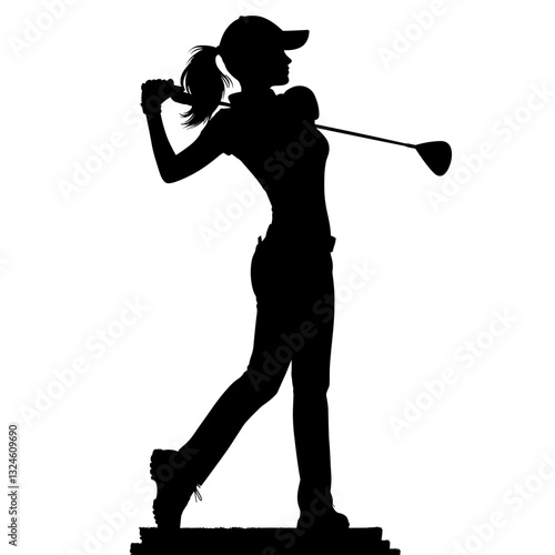 Silhouette golfer swinging club against light background.
