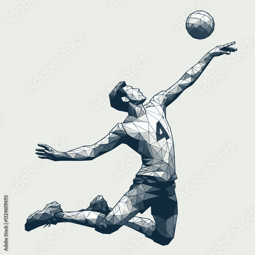 Volleyball player spiking ball in geometric style against white background