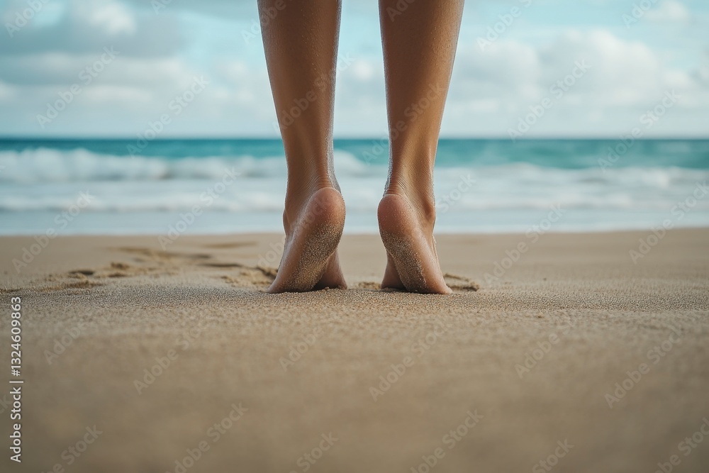Bare feet stand on sandy beach near ocean; relaxing tropical vacation lifestyle Bare feet stand on sandy beach near ocean; relaxing tropical vacation lifestyle