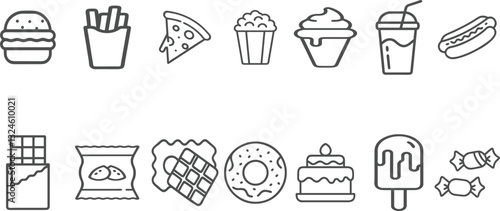 Fast Food Editable Icons set. burger ,pizza ,donut, French fries, ice cream, and more icon. 