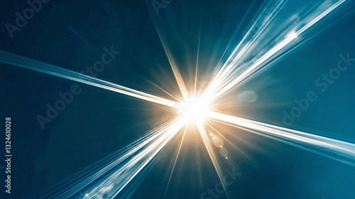 Sun at zenith, bright rays radiating, creating a celestial atmosphere, against a blue sky