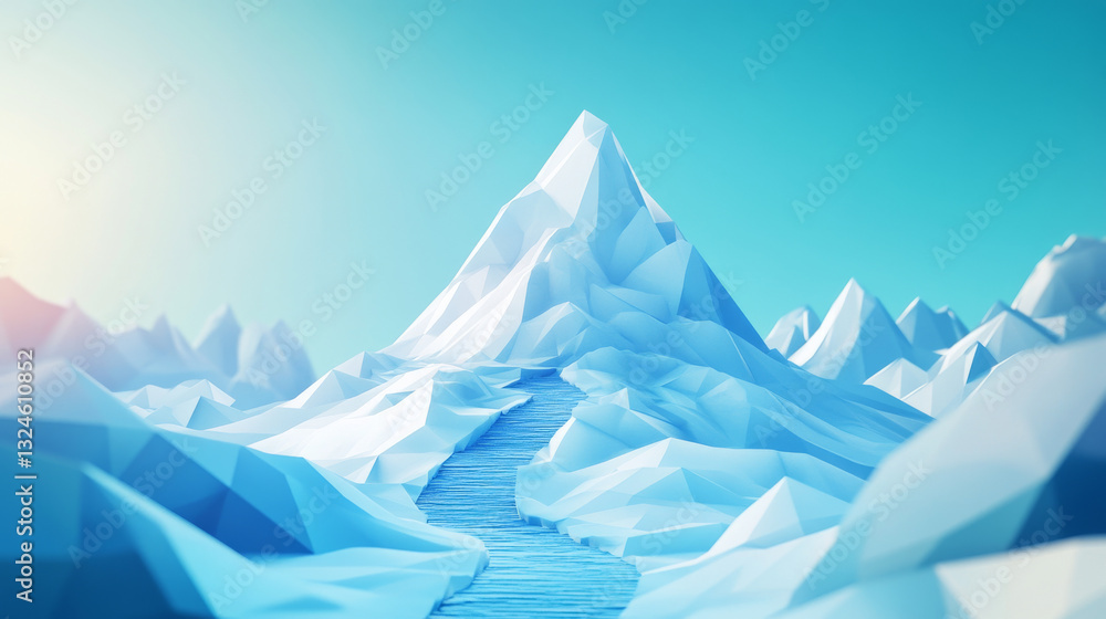 Abstract mountain with a path to the top. Way to goal in digital futuristic style on a blue technology background. Vector illustration of success achievement concept. Low Poly wireframe flag and ridge Abstract mountain with a path to the top. Way to goal in digital futuristic style on a blue technology background. Vector illustration of success achievement concept. Low Poly wireframe flag and ridge