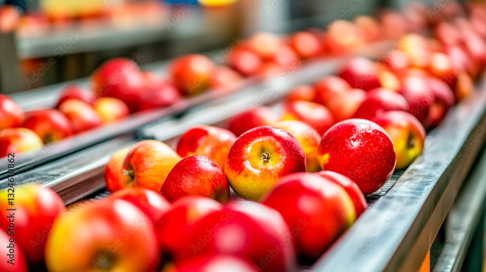 Bright and freshly picked gala apples moving along a conveyor belt in a busy fruit packaging warehouse, ready for distribution Bright and freshly picked gala apples moving along a conveyor belt in a busy fruit packaging warehouse, ready for distribution