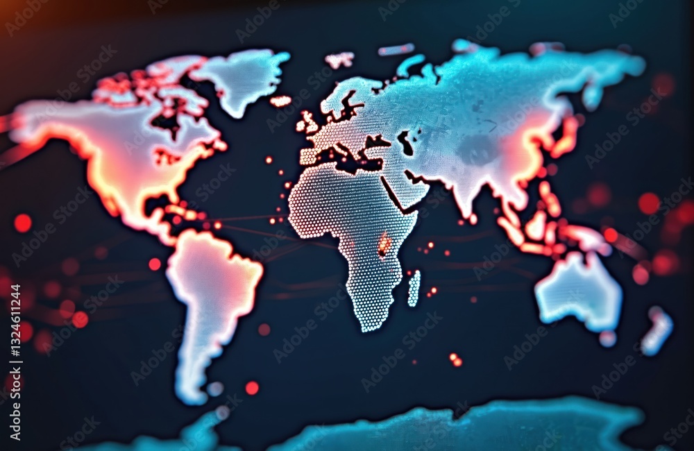 Fototapeta premium Global logistics, artificial intelligence technologies. World map shows supply chain network for import, export. Automation, optimization, efficiency, dependability. International business, trade,