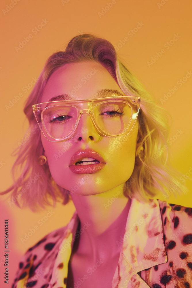 A close-up portrait of a fashion model wearing transparent glasses with a bold, vibrant background. Modern editorial photography with a retro aesthetic. A close-up portrait of a fashion model wearing transparent glasses with a bold, vibrant background. Modern editorial photography with a retro aesthetic.