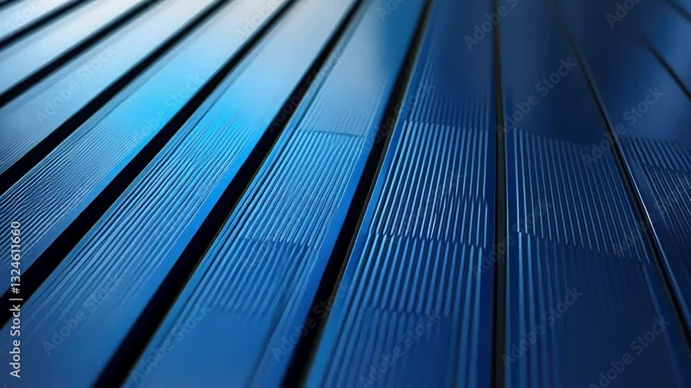 Abstract blue parallel lines, close-up perspective. Structured, metallic, modern design