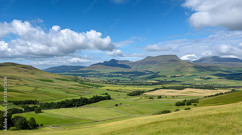 Fototapeta premium Vast Green Valley With Rolling Hills Under a Bright Blue Sky And White Fluffy Clouds Landscape