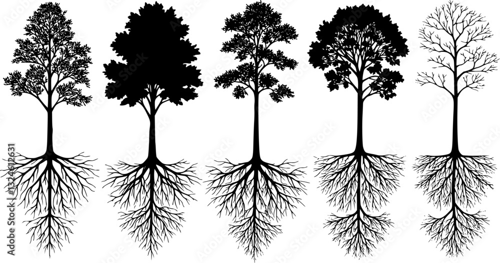 Fototapeta premium Set of contours deciduous trees with root systems. Vector illustration 